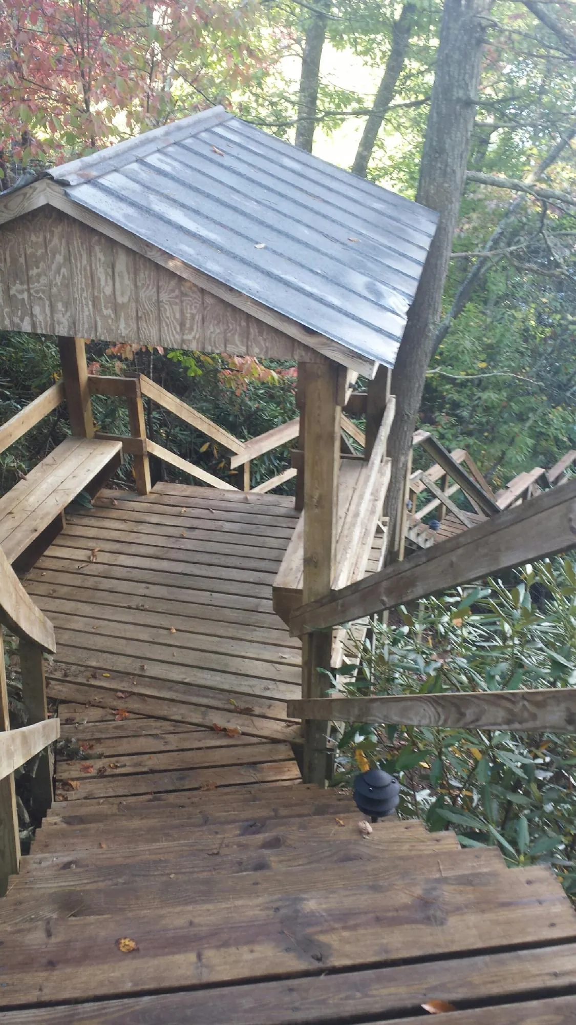 Metal roofed shelter over wooden steps on a wooded walkway — Skylight Repair & Installation work by our crew in New Troy